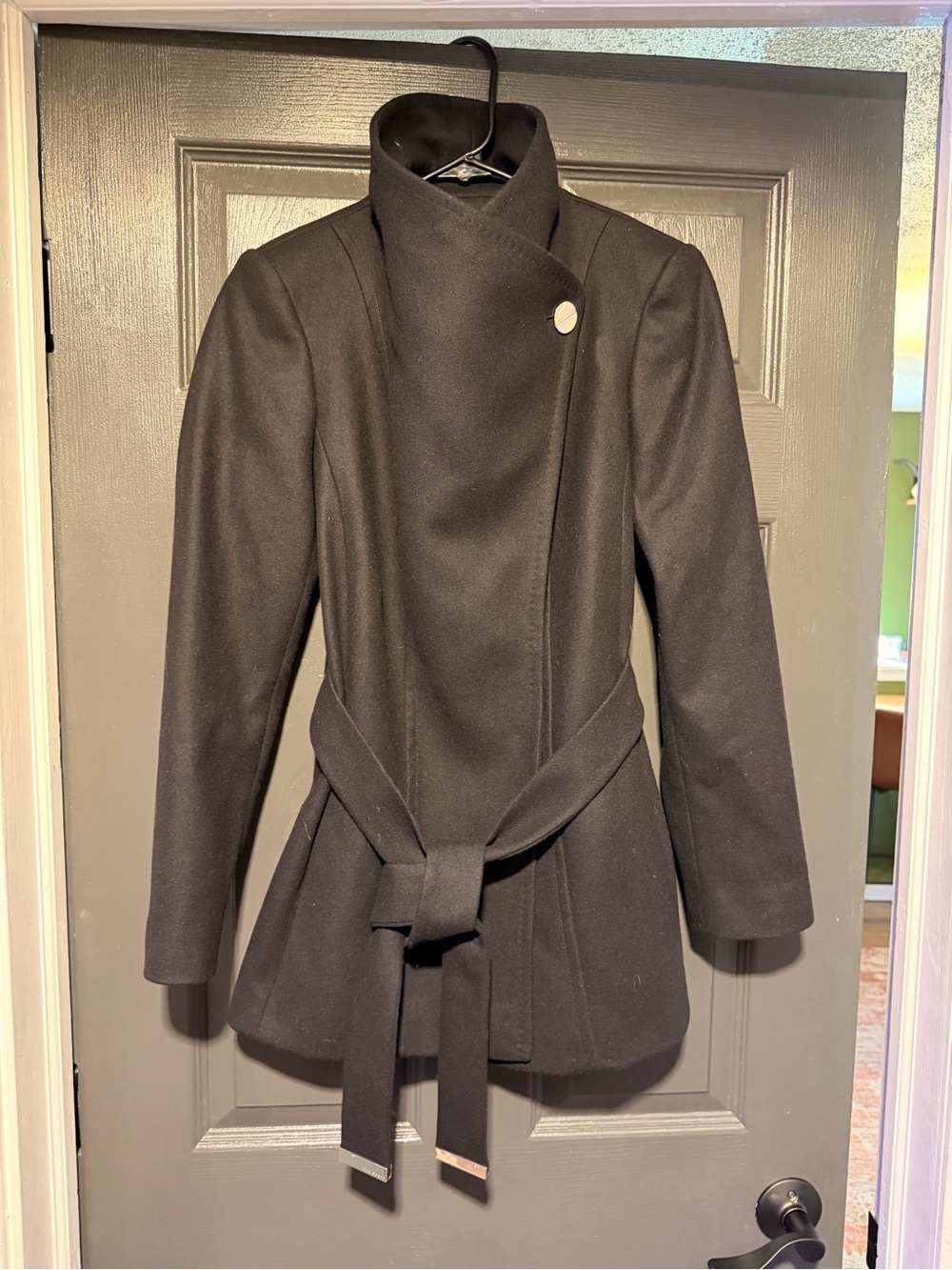 Ted Baker Black Asymmetric Belted Peacoat